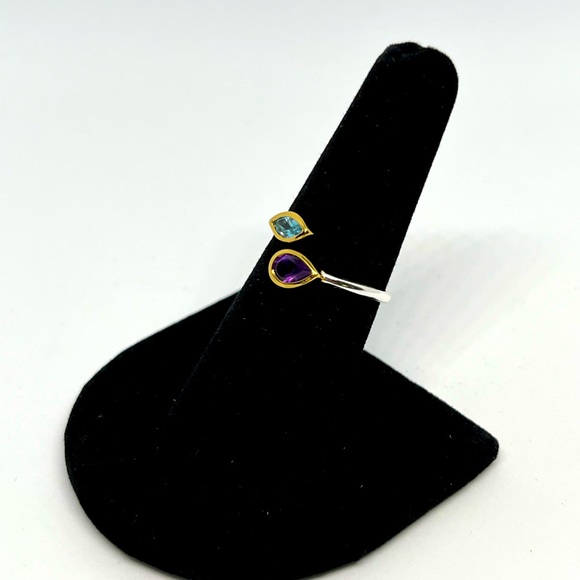 STERLING SILVER & 18K GOLD PLATED RING WITH SWISS-BLUE TOPAZ & AMETHYST - Picture 6 of 7